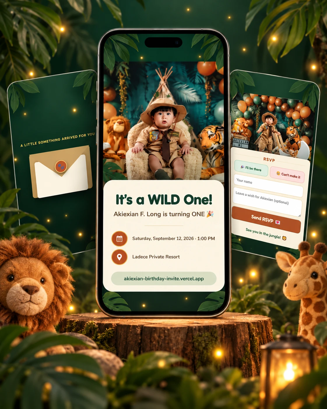 Sample digital birthday invitation shown on three phone screens