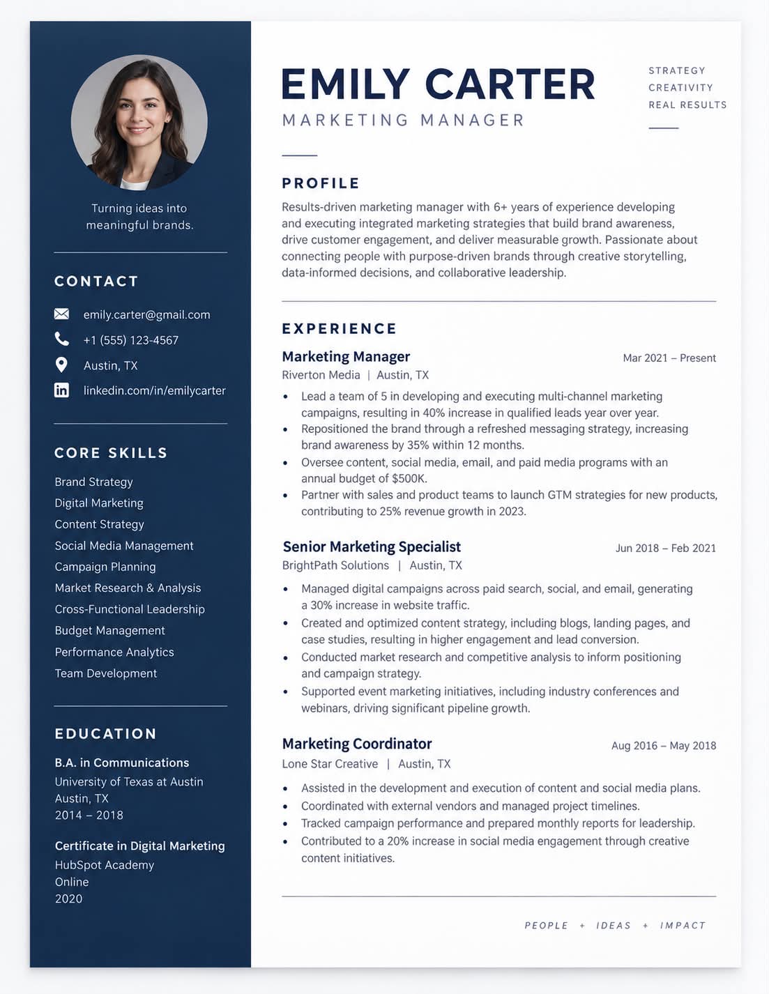 Sample personal profile page: a marketing manager's resume with photo, skills and experience